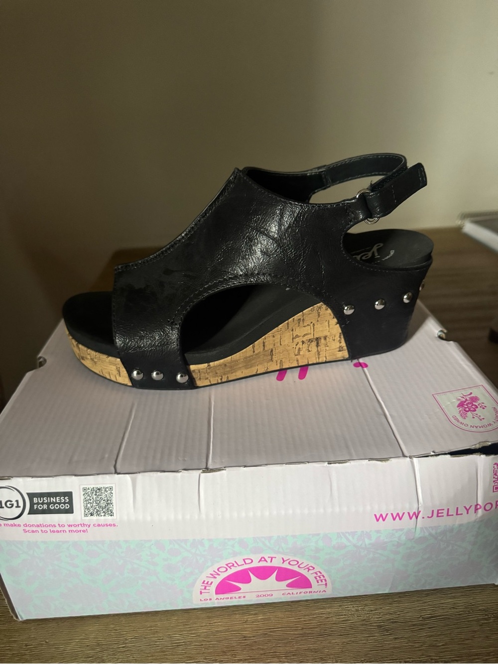 Jellypop Black Wedge Sandals with Cork Accent - Picture 3 of 6